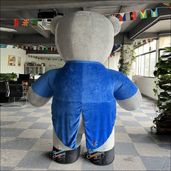 Inflatable Grey Bear Mascot Costume Dressed in Blue Tuxedo