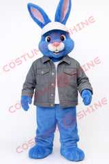 Blue Rabbit Mascot Costume with Denim Jacket – Adult Size