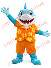 Blue Shark Mascot Costume Adult with Hawaiian Shirt Outfit