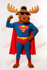 Superhero Moose Mascot Costume with Red Cape and Blue Suit Outfit