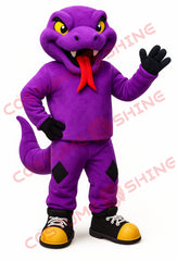 Purple Snake Mascot Costume with Red Tongue and Black Yellow Shoes