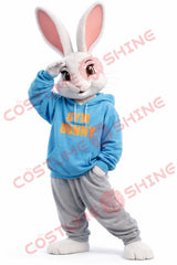 Adult White Rabbit Mascot Costume Blue Hoodie Gym Bunny Outfit