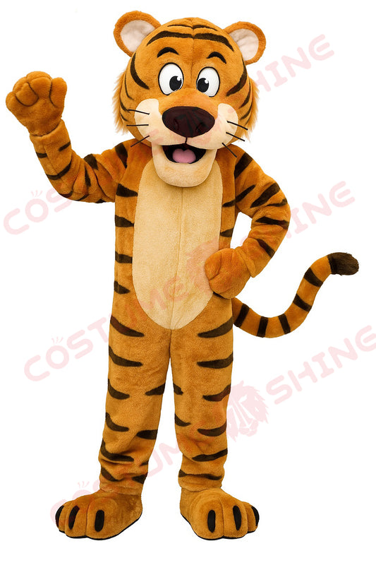 Smiling Cartoon Tiger Mascot Costume – Orange Striped Plush Suit with Big Eyes