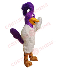 White Roadrunner Mascot Costume for Adults with Purple Head & Tail Animal Cartoon