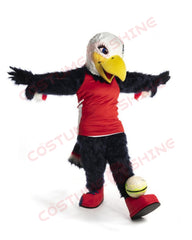 Black Eagle Hawk Mascot Costume in Red Vest - Cartoon Character Animal Fursuit