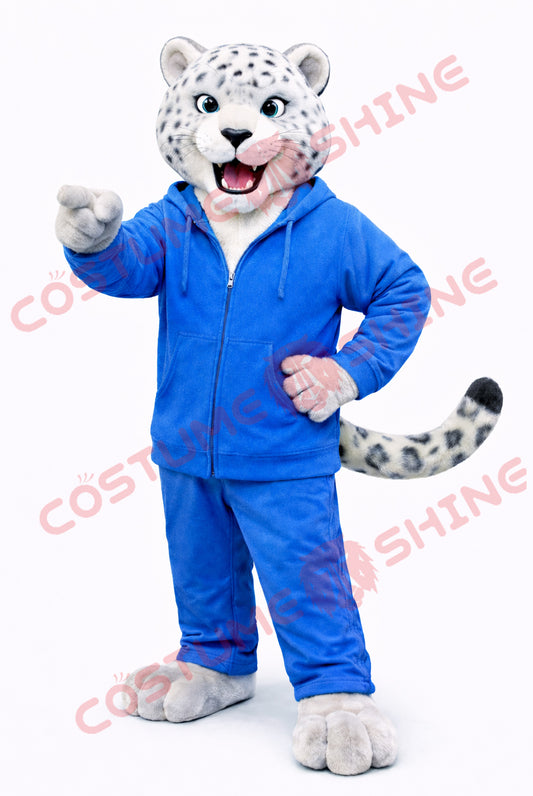 Adult Snow Leopard Mascot Costume with Blue Hoodie Tracksuit