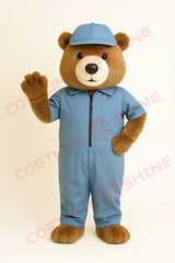 Bear Mascot Costume with Blue Jumpsuit and Cap – Friendly Plush Bear Suit for School Events, Sports Teams & Promotions