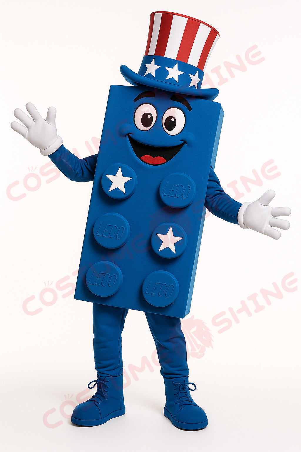 Blue Brick Mascot Costume with American Flag Top Hat – Custom LEGO-Style Plush Suit for Events & Parades