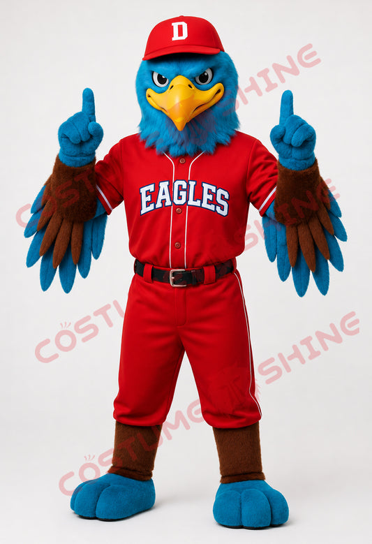 Blue Eagle Mascot Costume in Red Baseball Uniform | Custom Bird Mascot Suit for Schools and Sports Teams