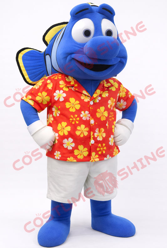 Blue Fish Mascot Costume with Hawaiian Shirt for Adults