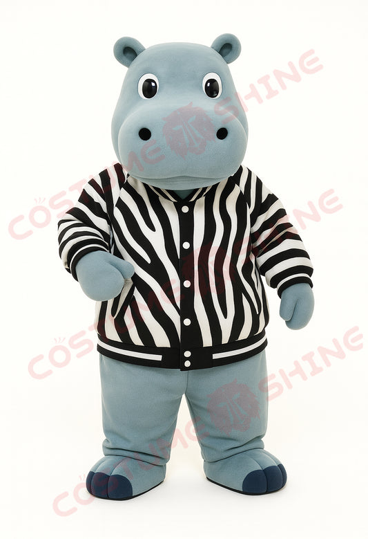 Blue Hippopotamus Mascot Costume with Zebra Jacket – Custom Plush Suit for School or Event