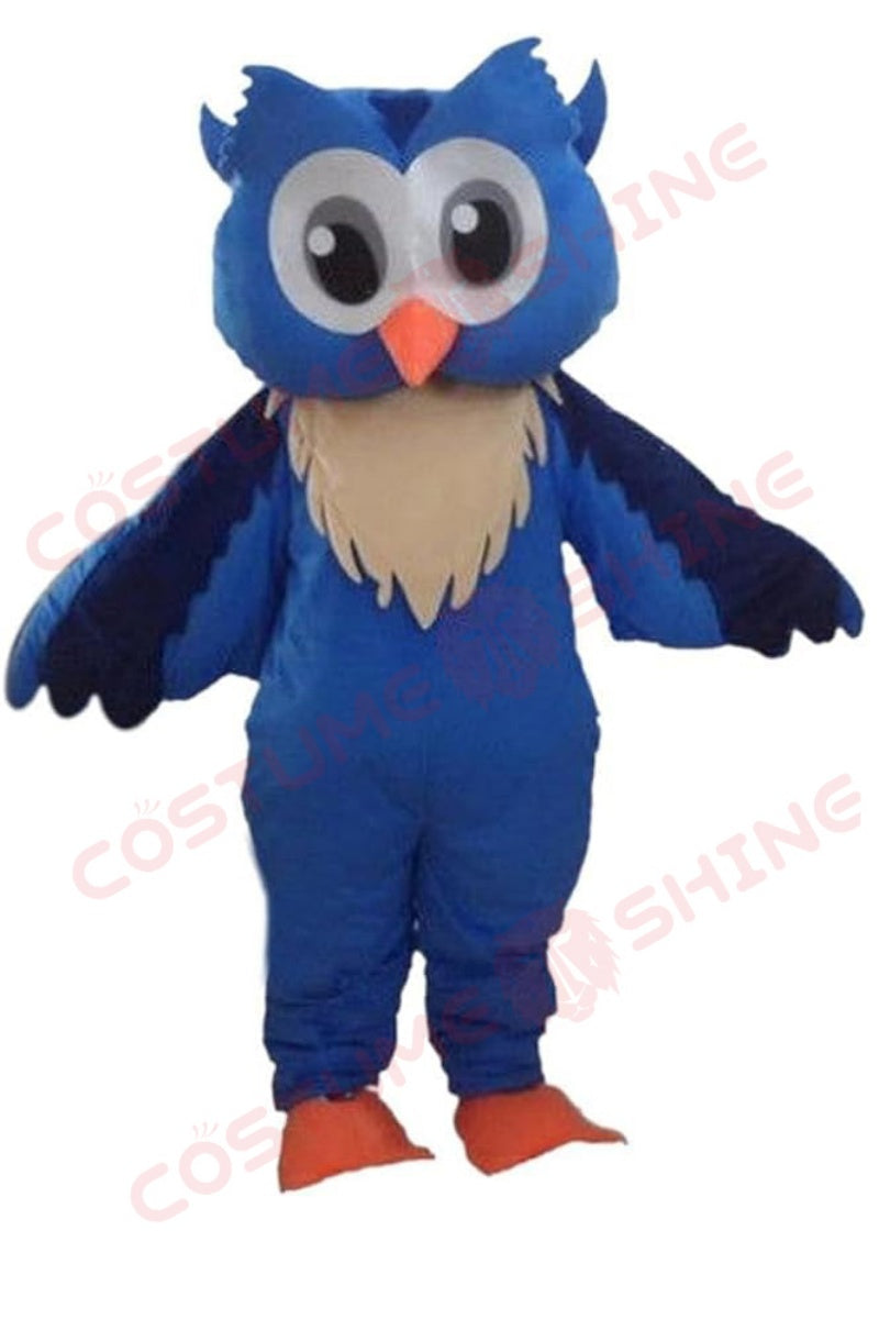 Blue Owl Mascot Costume with Big Eyes and Orange Beak – School, Parade & Event Outfit