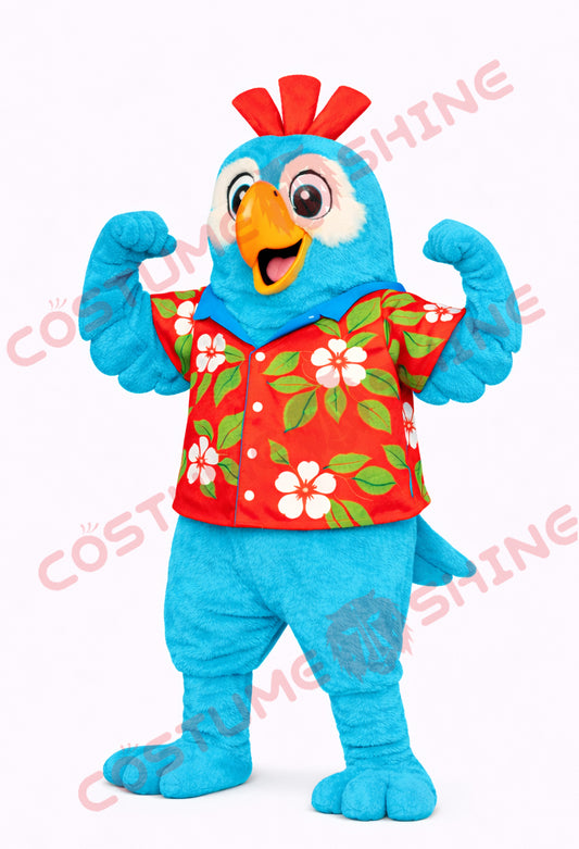 Blue Parrot Mascot Costume with Hawaiian Shirt Adult Performance Outfit