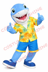 Blue Shark Mascot Costume Adult Yellow Hawaiian Shirt