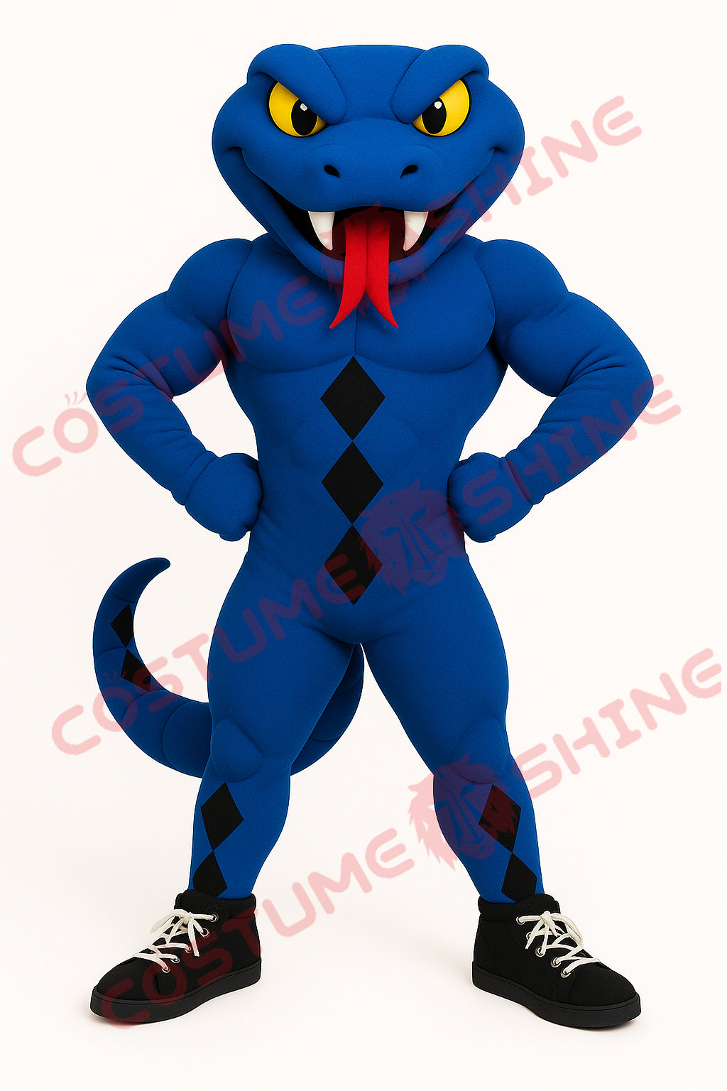 Blue Snake Mascot Costume Muscular Design with Red Tongue