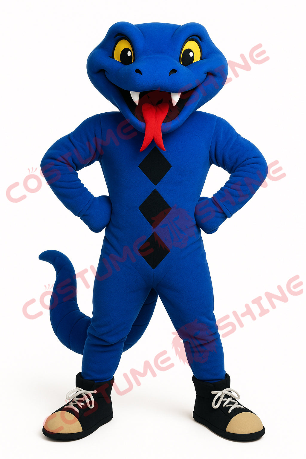 Blue Snake Mascot Costume with Red Tongue and Black Diamond Pattern