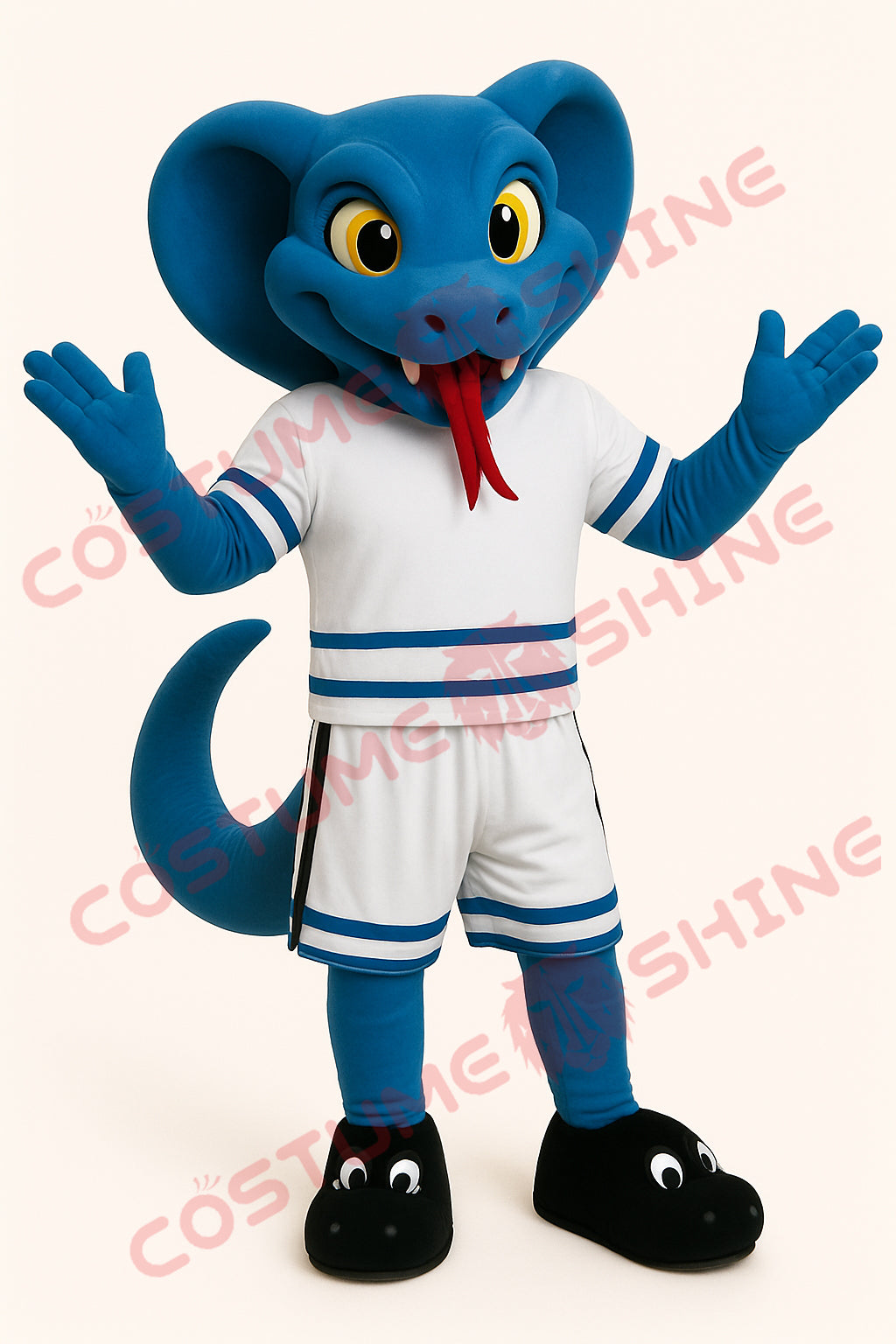 Blue Snake Mascot Costume with White Sports Outfit and Red Tongue