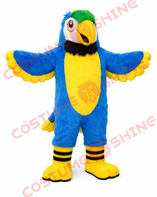 Blue Yellow Parrot Mascot Costume Adult with Spread Wings for Events