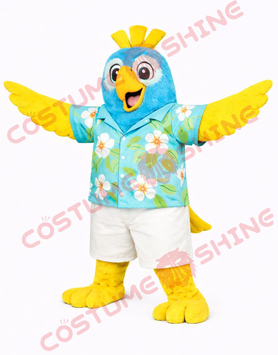 Blue Yellow Parrot Mascot Costume with Hawaiian Shirt Adult Performance Outfit
