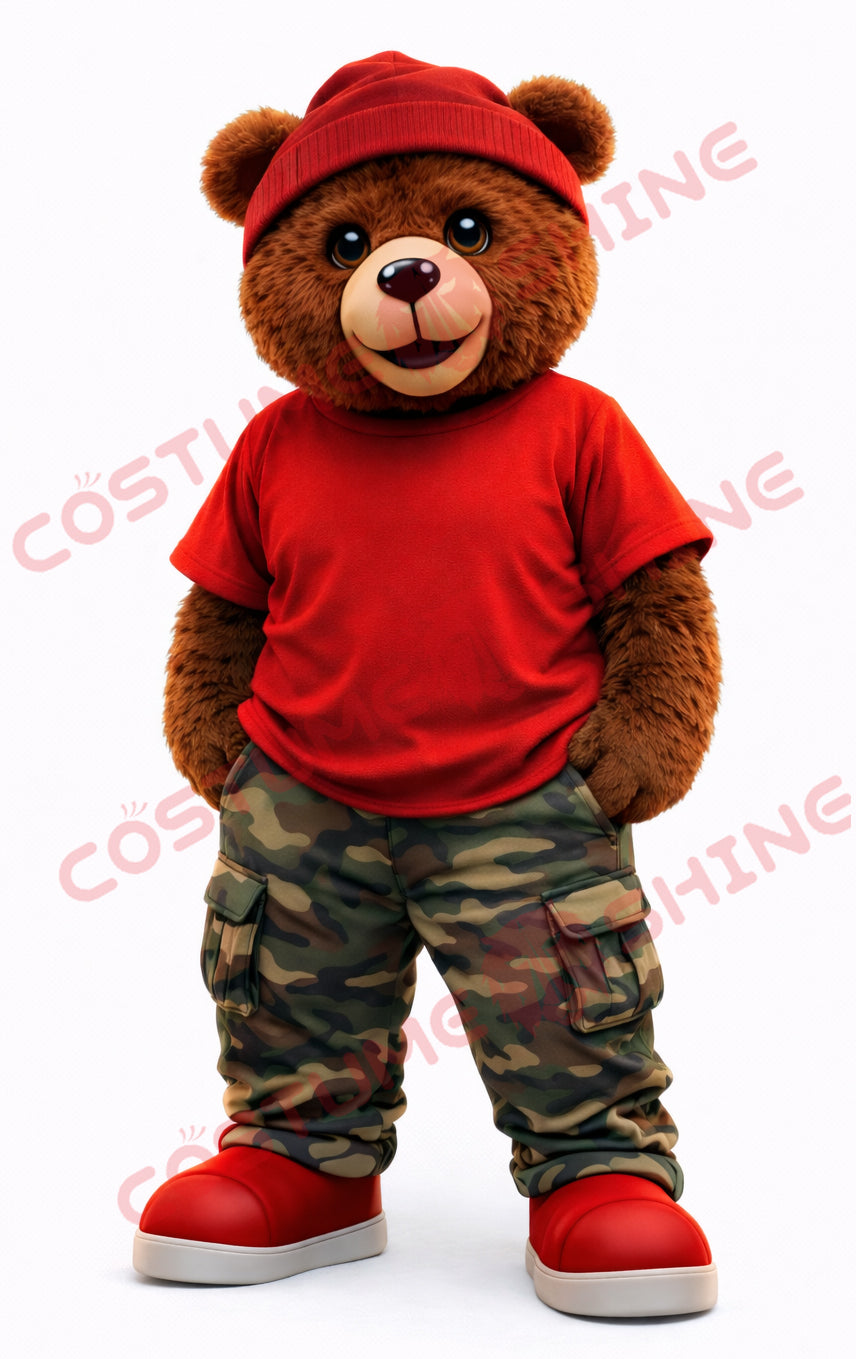 Brown Bear Mascot Costume Adult Red Shirt Camo Pants Casual Suit