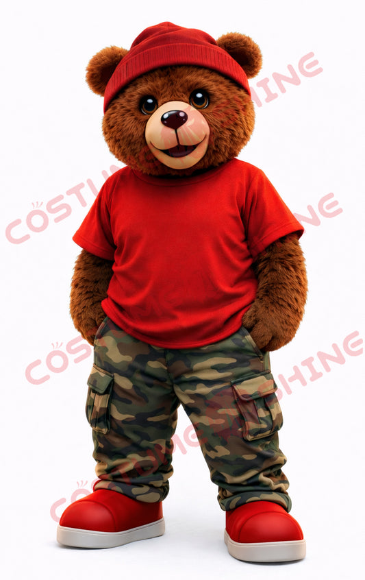 Brown Bear Mascot Costume Adult Red Shirt Camo Pants Casual Suit