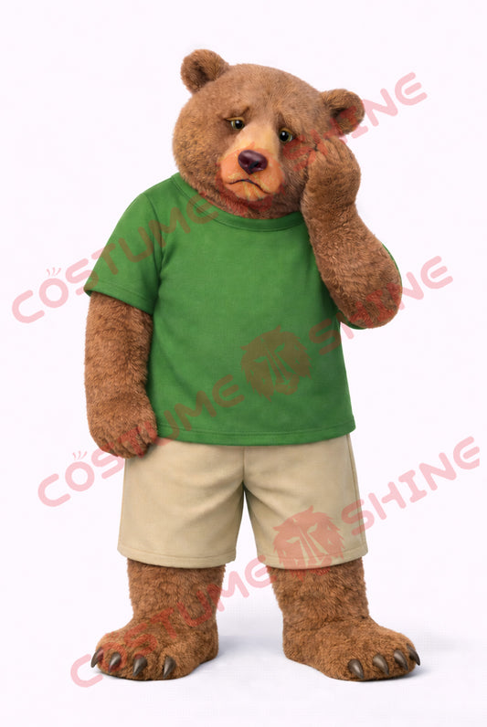 Brown Bear Mascot Costume Adult Green T Shirt Casual Style