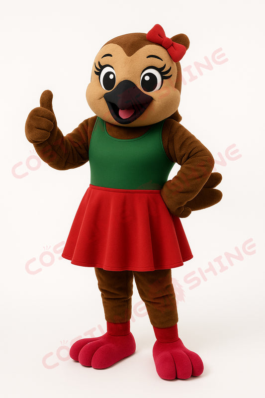 Brown Bird Mascot Costume with Green Top & Red Dress | Custom School Event Plush Suit