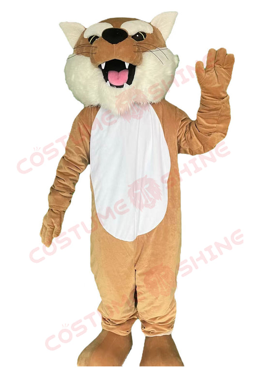 Brown Bobcat Mascot Costume with White Belly and Open Mouth