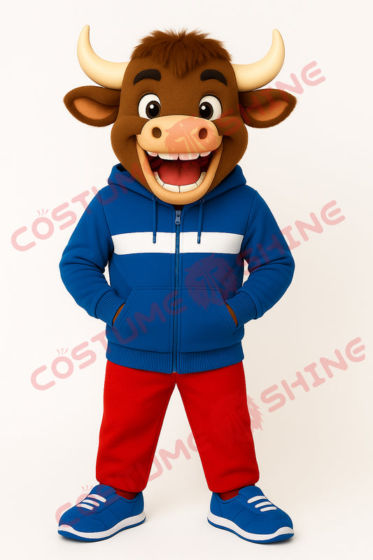 Brown Bull Mascot Costume in Blue Hoodie for School & Events