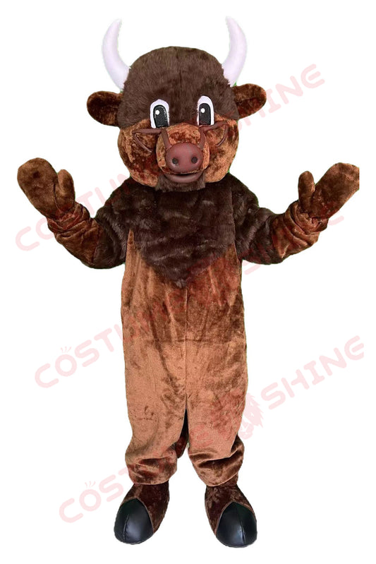 Cartoon Brown Bull Mascot Costume with Horns and Hoof Feet