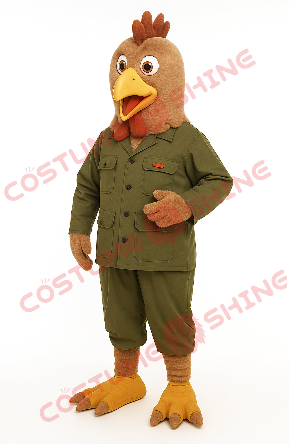 Brown Chicken Mascot Costume in Green Uniform – Custom Plush Rooster Suit