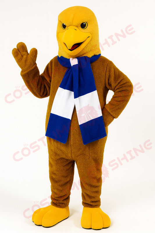 Brown Eagle Mascot Costume with Blue and White Scarf – Custom Plush Bird Suit for School or Sports Team Events