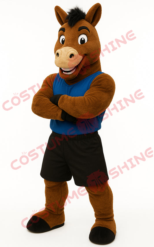 Adult Horse Mascot Costume with Blue Tank Top – Athletic Plush Suit