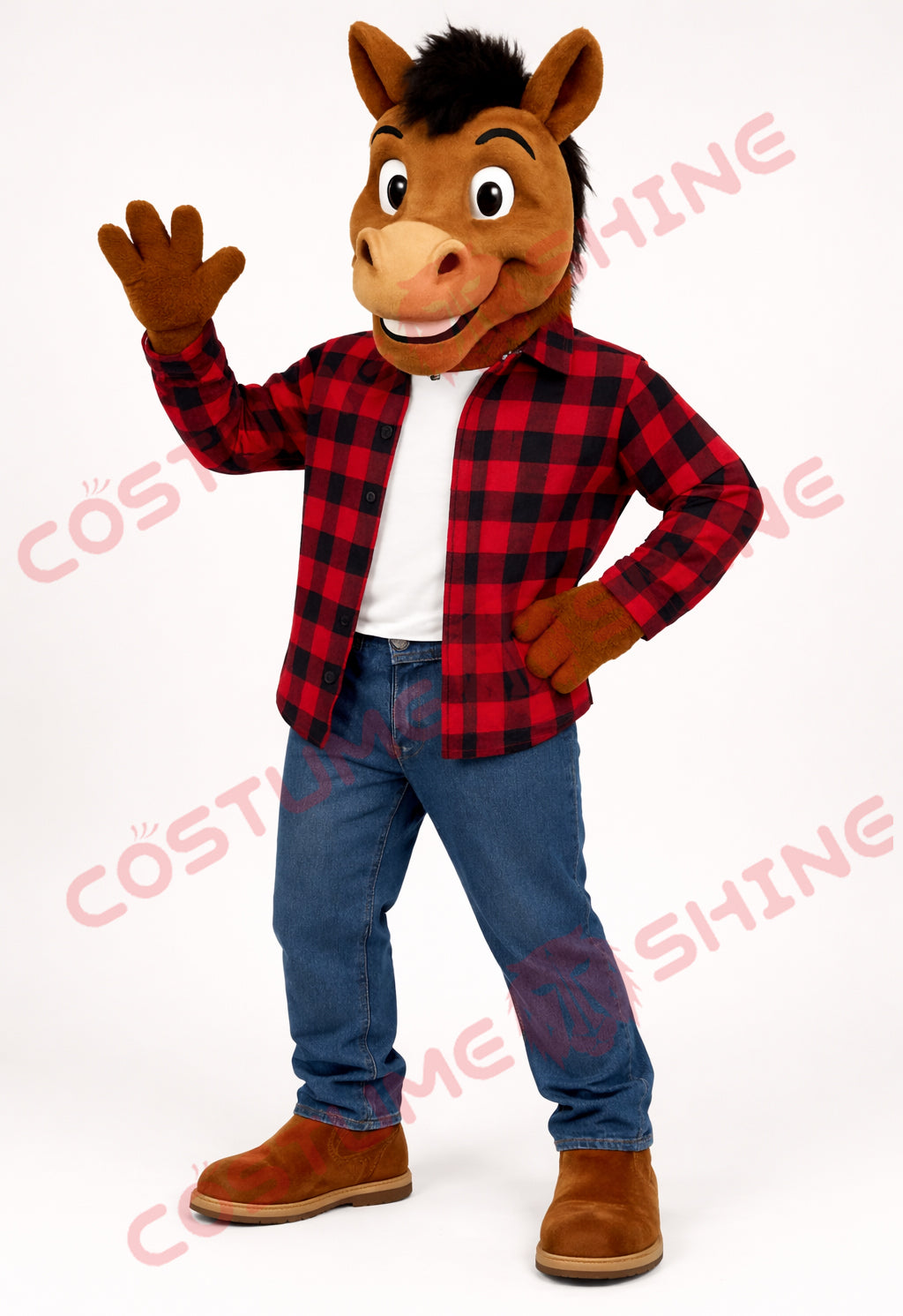 Adult Horse Mascot Costume Casual Plaid Shirt Outfit – Plush Horse Suit