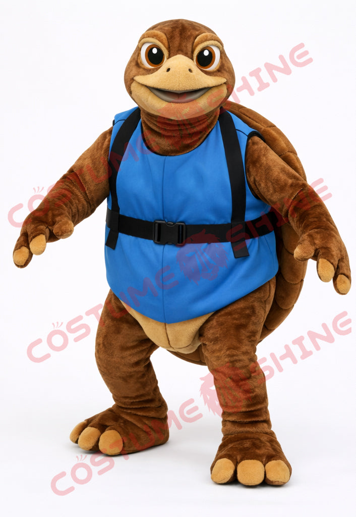 Brown Turtle Mascot Costume with Blue Life Vest for Events