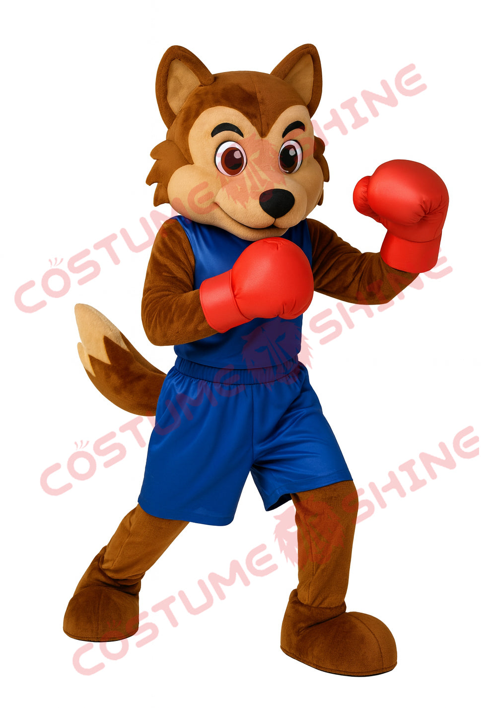 Brown Wolf Mascot Costume with Blue Boxing Outfit and Red Gloves