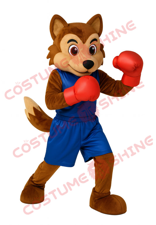 Brown Wolf Mascot Costume with Blue Boxing Outfit and Red Gloves