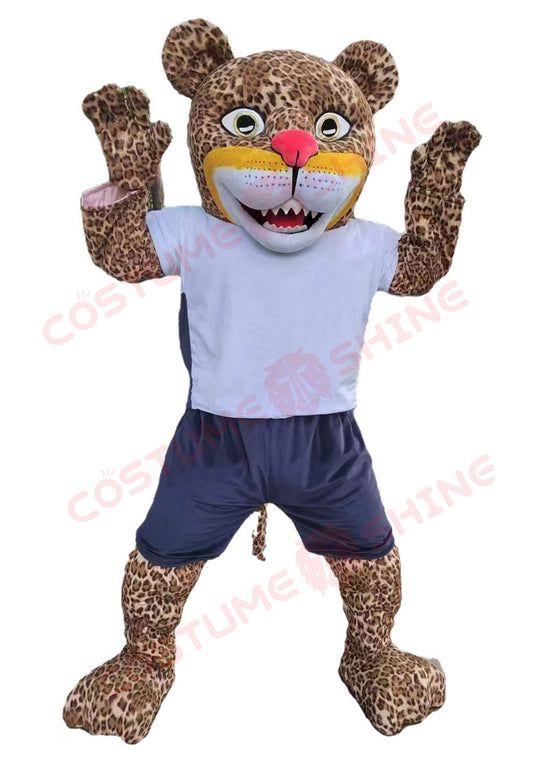 Leopard Jaguar Mascot Costume in White T-Shirt and Navy Shorts – Custom Furry Animal Suit