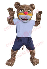 Leopard Jaguar Mascot Costume in White T-Shirt and Navy Shorts – Custom Furry Animal Suit