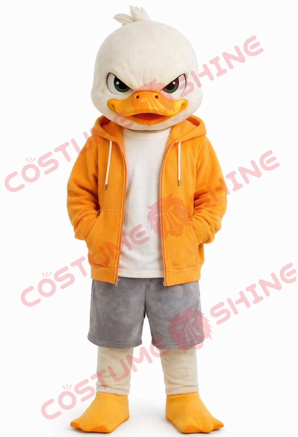 Casual Duck Mascot Costume Adult with Orange Hoodie & Gray Shorts
