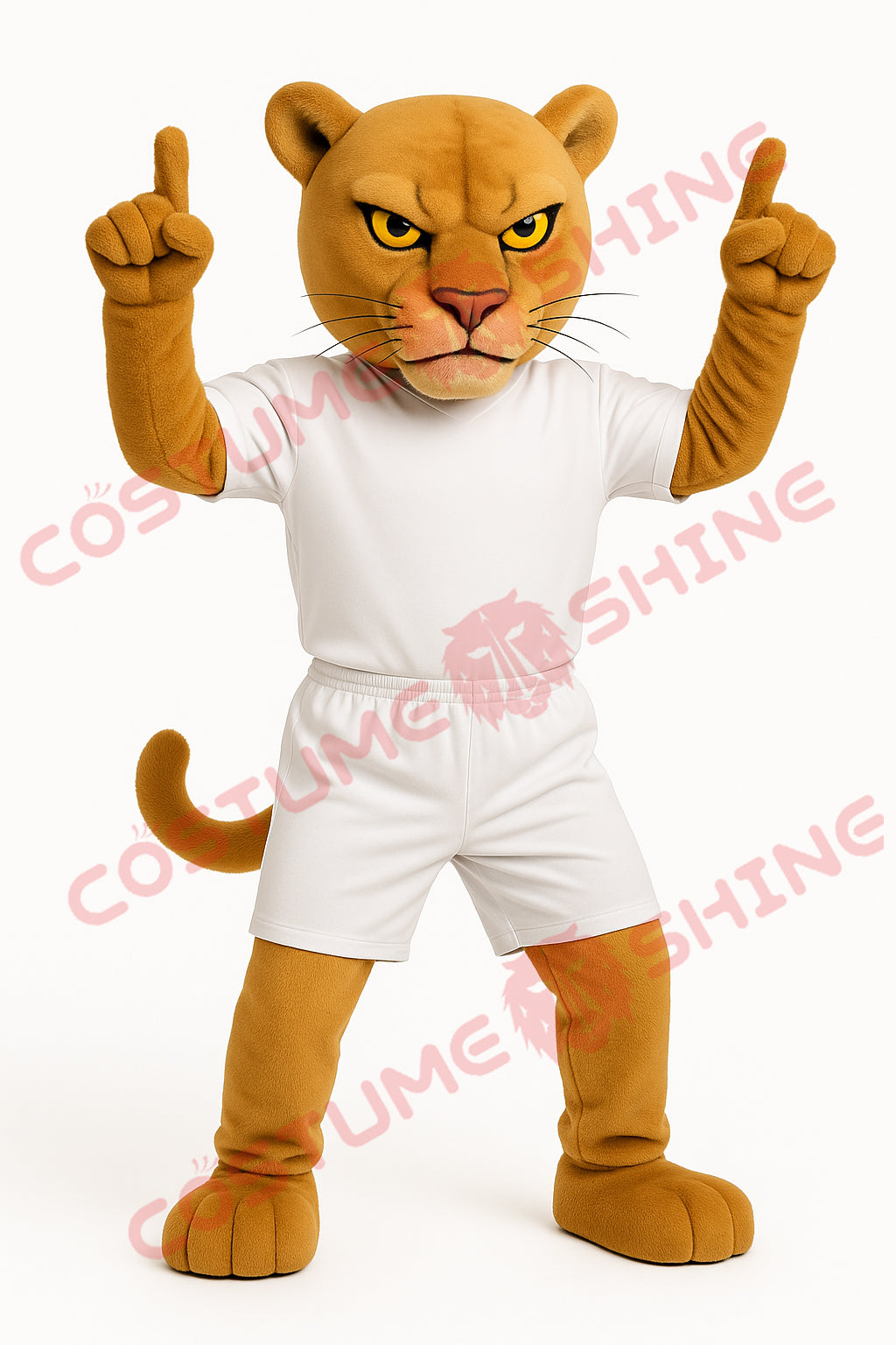 Brown Cougar Mascot Costume in White Sports Outfit – Full Body Plush Suit