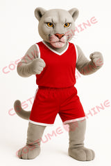 Gray Cougar Mascot Costume in Red Basketball Outfit – Plush Full Suit