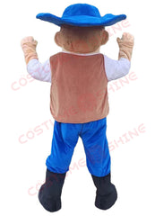 Cowboy Mascot Costume with Blue Hat and Brown Vest – Western Theme Character Outfit