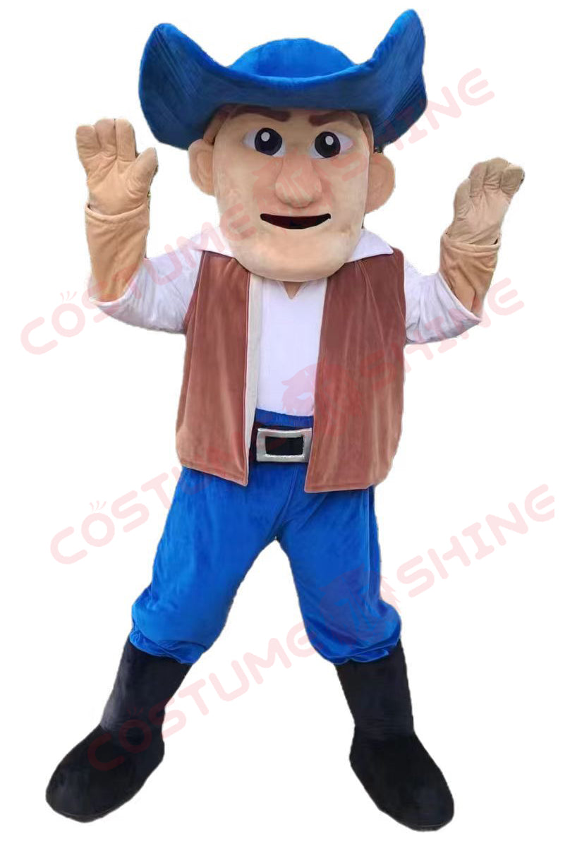 Cowboy Mascot Costume with Blue Hat and Brown Vest – Western Theme Character Outfit