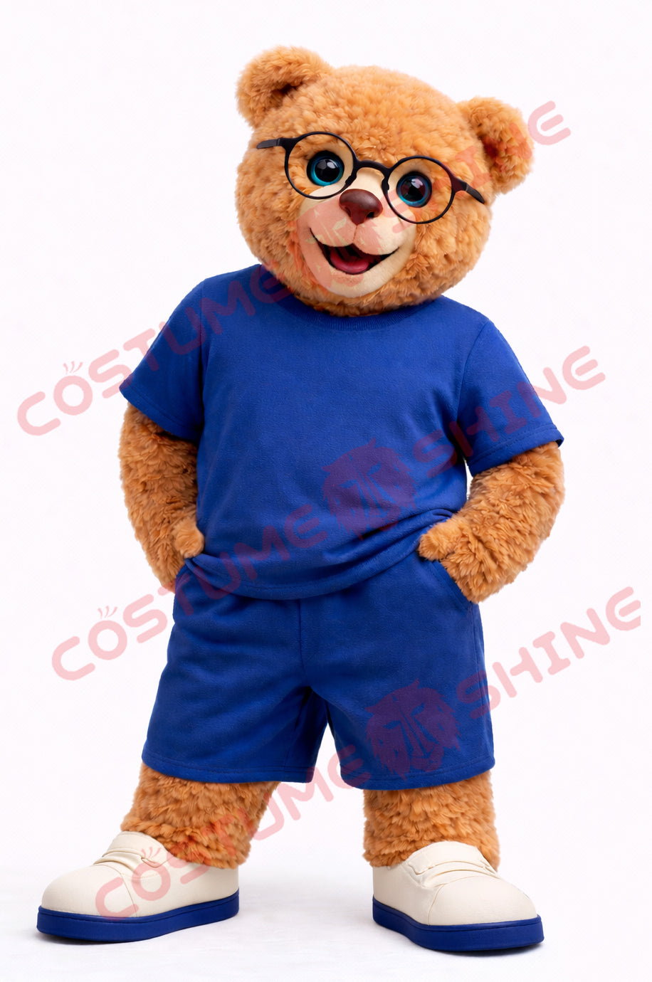 Cute Brown Bear Mascot Costume Adult Glasses Blue Outfit