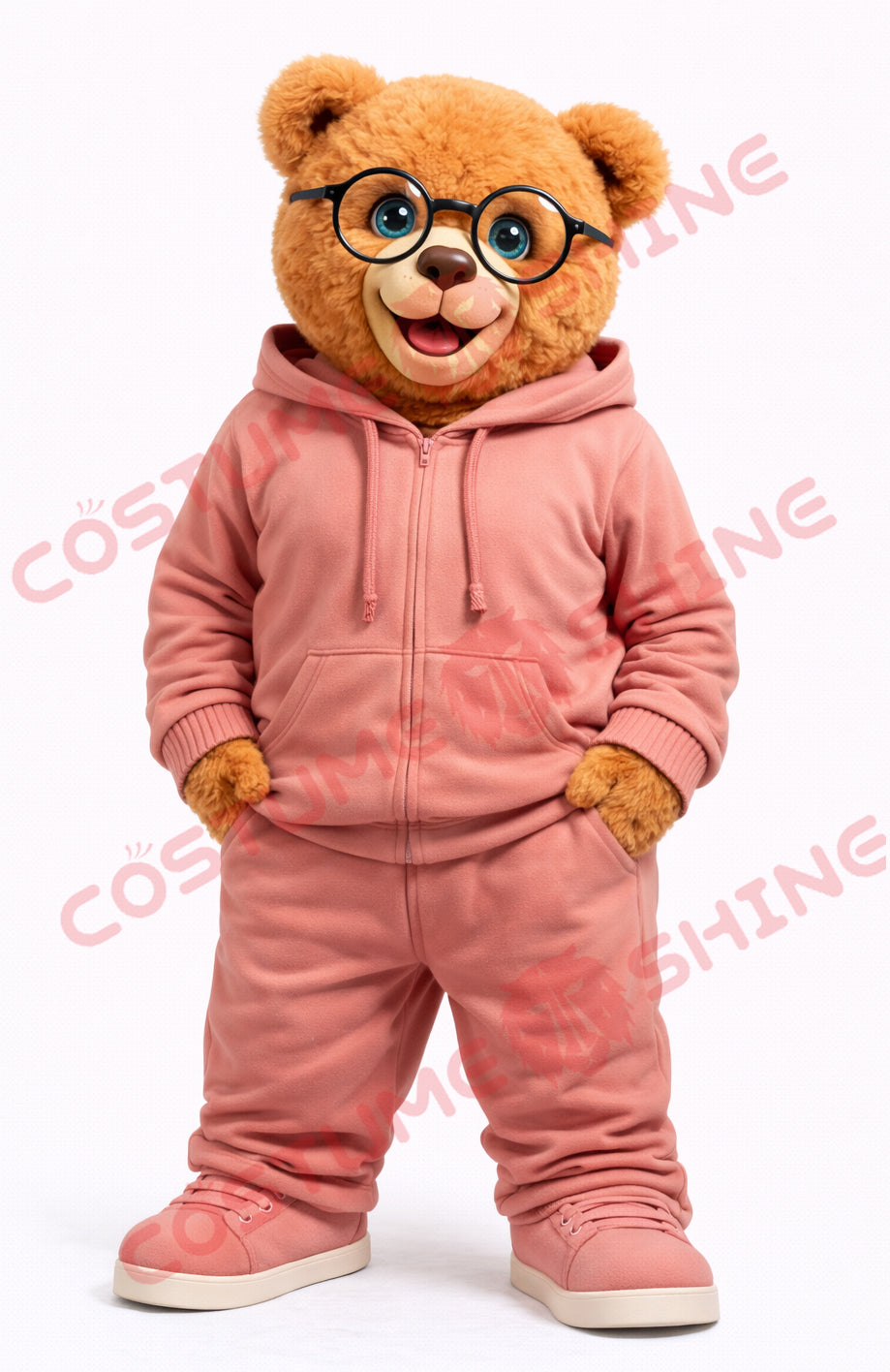 Cute Brown Bear Mascot Costume Adult Glasses Pink Hoodie Set
