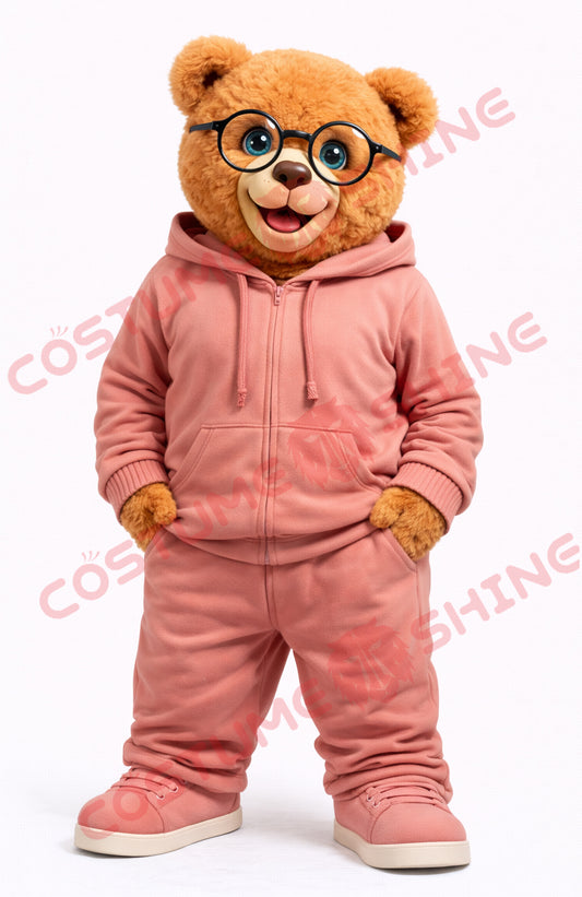 Cute Brown Bear Mascot Costume Adult Glasses Pink Hoodie Set