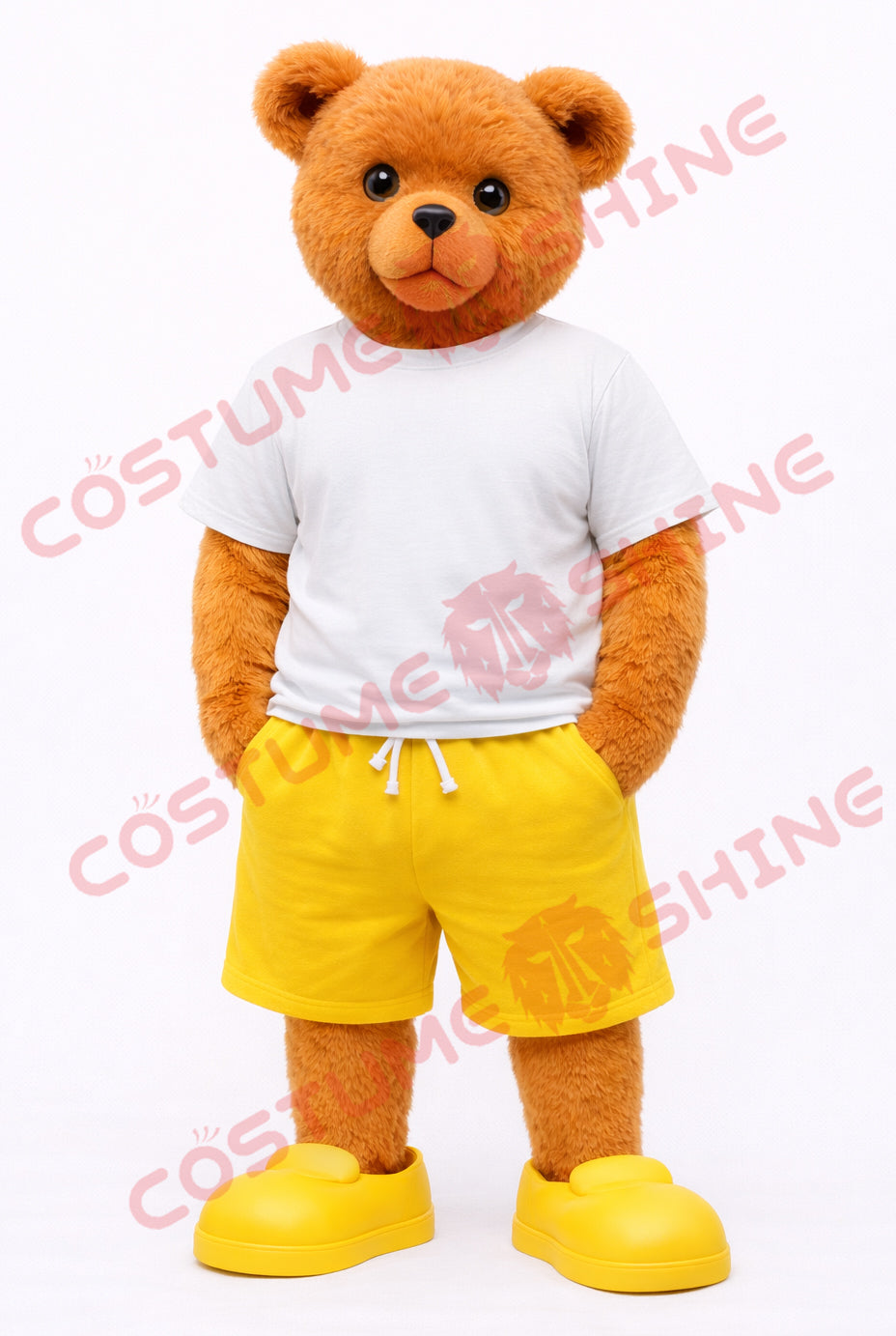 Cute Brown Bear Mascot Costume Adult White T-Shirt Yellow Shorts