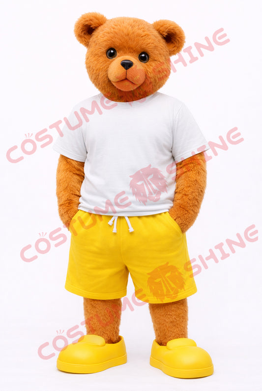 Cute Brown Bear Mascot Costume Adult White T-Shirt Yellow Shorts