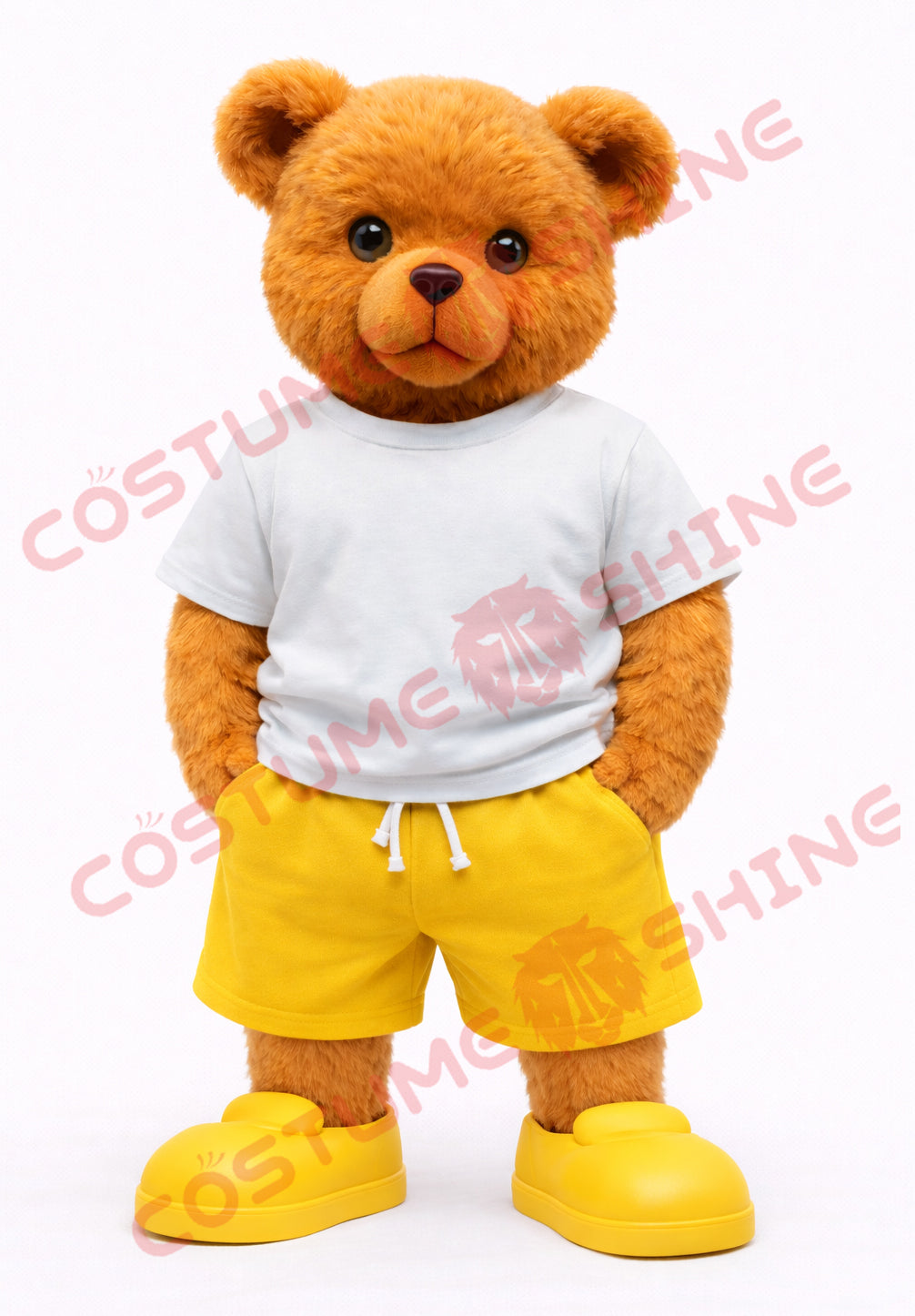 Cute Brown Bear Mascot Costume Adult White T-Shirt Yellow Shorts